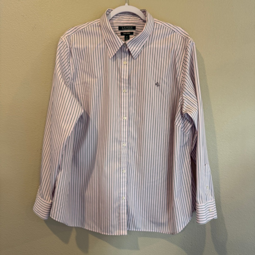 Lauren Ralph Lauren Womens 2X Non-Iron Button Down Shirt Pink Navy Stripe Cotton